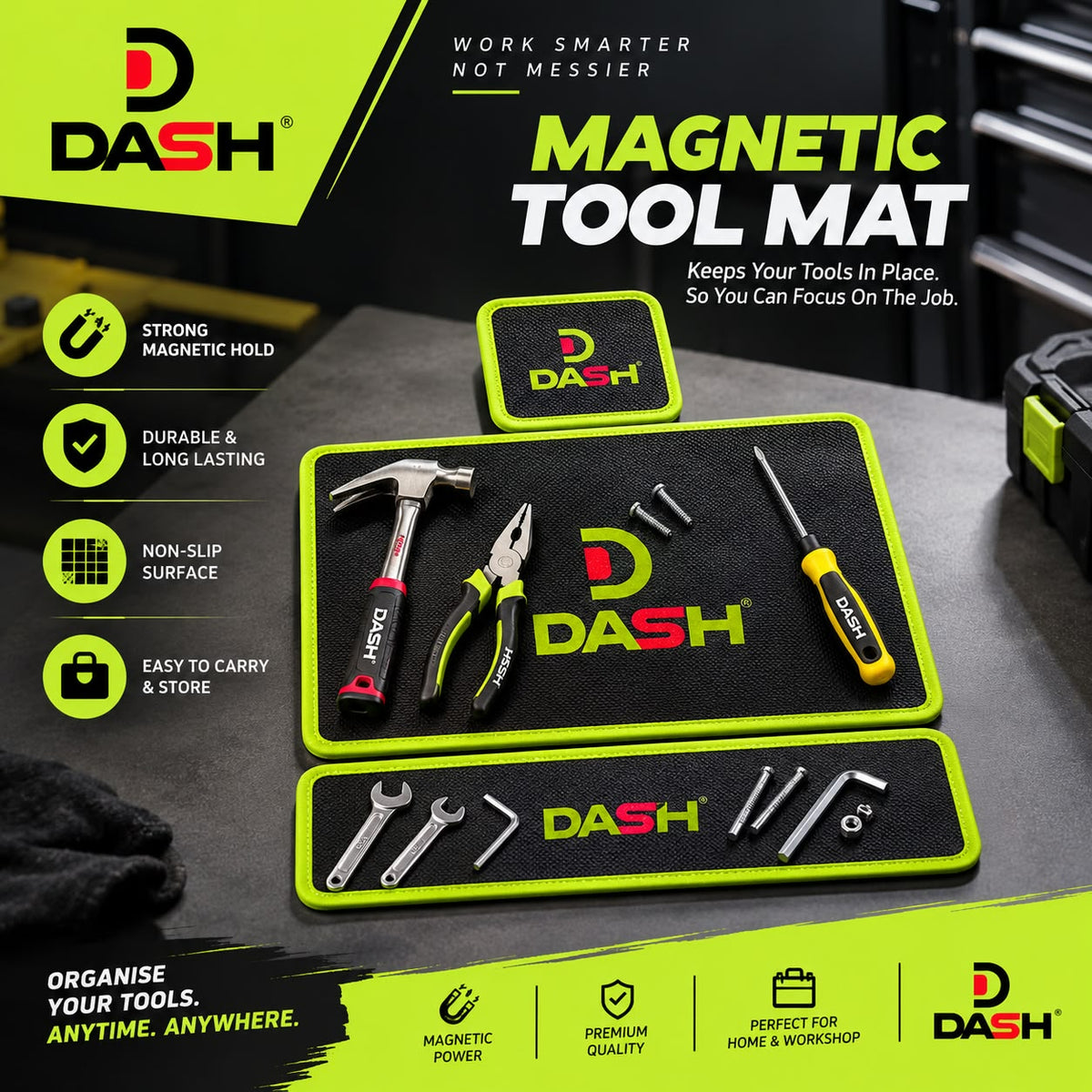 DASH Magnetic Tool Mat product artwork showing magnetic tool organisers and product benefits